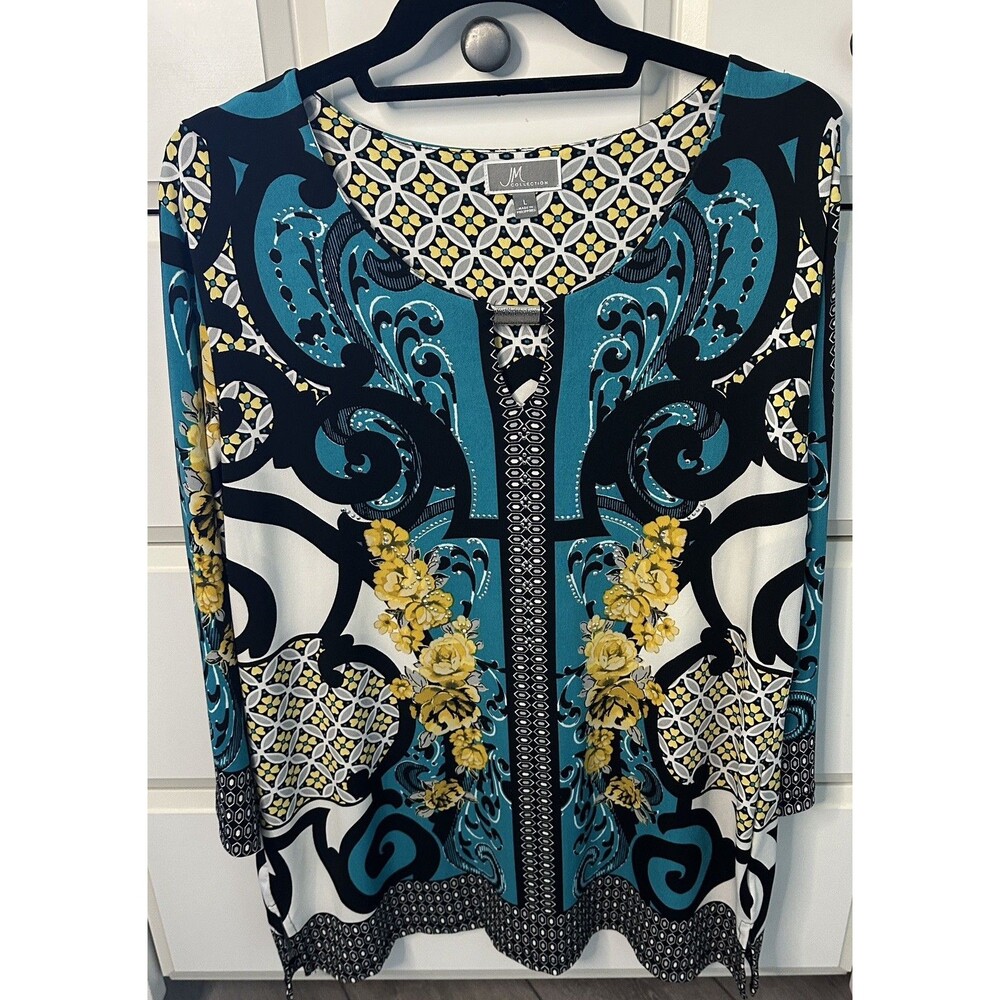 JM Collection Women Large Short Sleeve Blouse Teal Yellow Baroque Hardware Top L